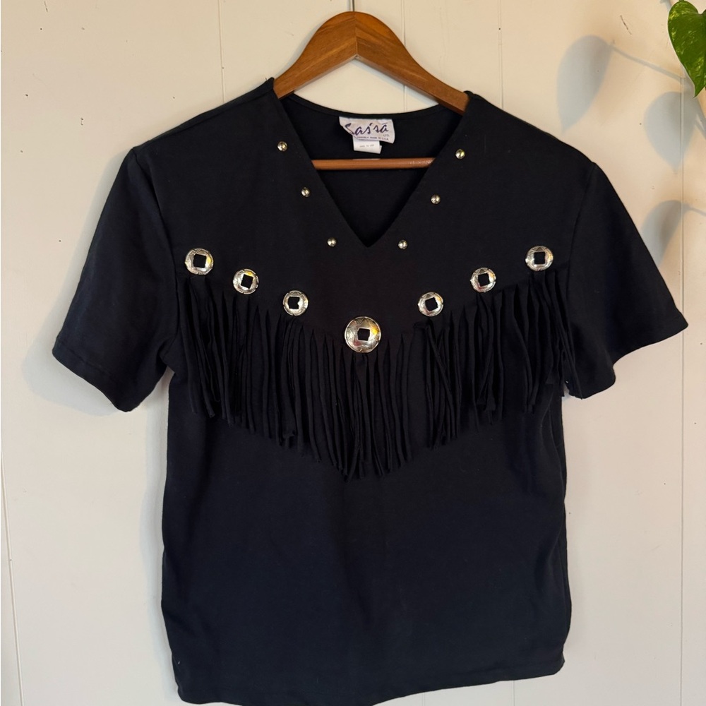 Western Vintage Black Short Sleeve Top with Fringe and Studs